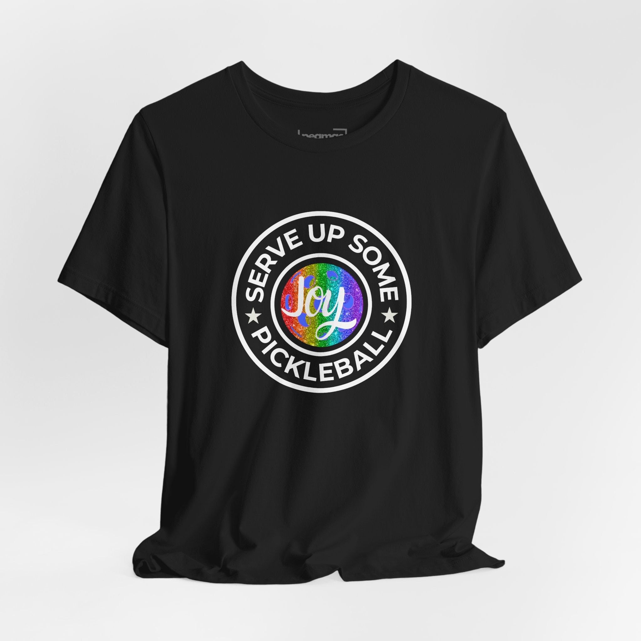 LGBTQ2 pride T-shirt featuring a pickleball design, vibrant colors, and "Serve Up Some Pickleball Joy" printed on a comfortable Printify tee.