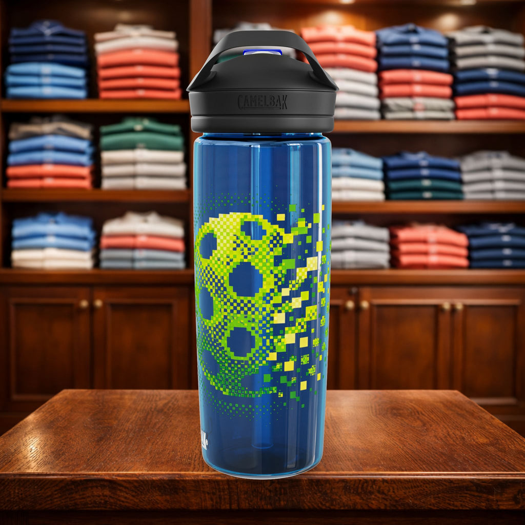 Printify 20oz neon green Matrix Burst pickleball CamelBak Eddy water bottle with sports cap and ergonomic design.