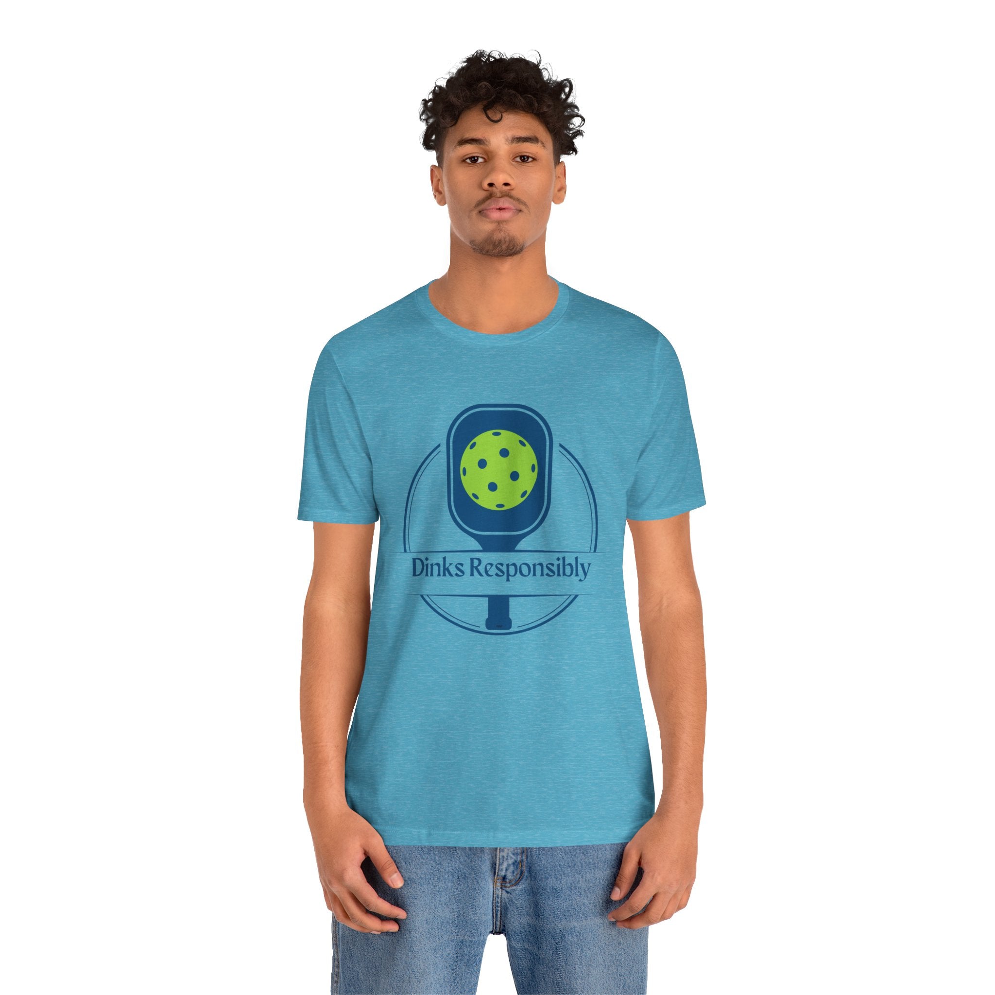 Dinks Responsibly pickleball T-shirt by Printify featuring a paddle and ball graphic, humorous pickleball shirt for fans.
