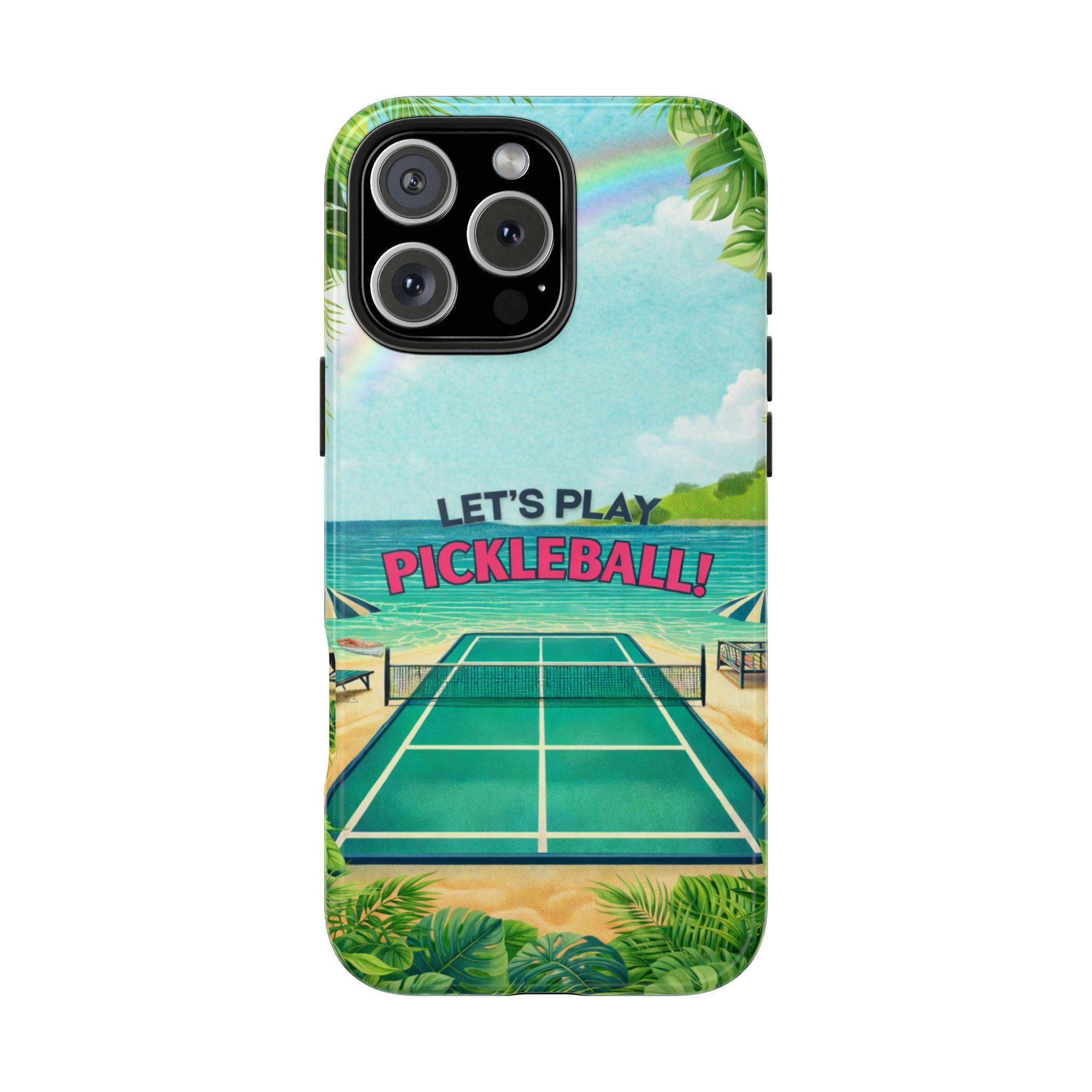 Let's Play Pickleball Tropical Tough Phone Case with beach court design, durable protective cover for smartphones by Printify