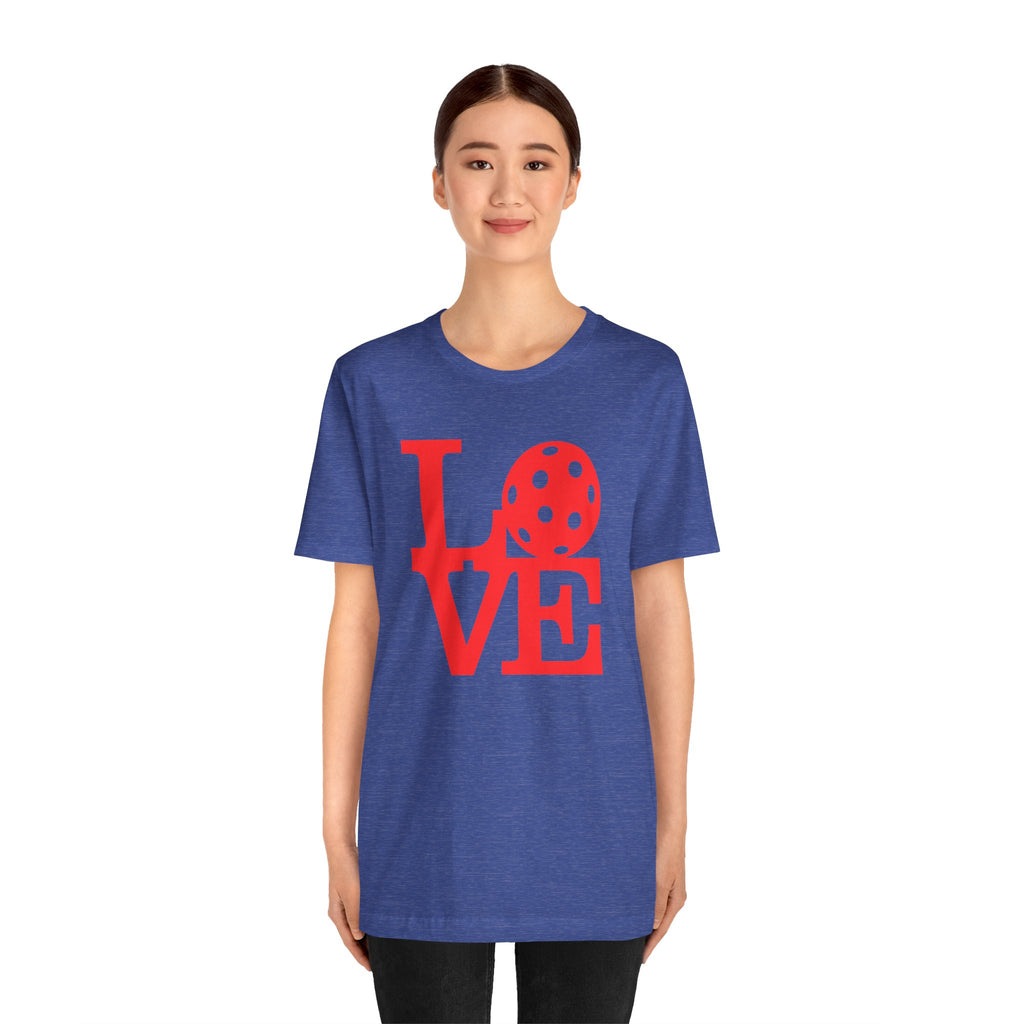 Bold red graphic T-shirt featuring LOVE Pickleball pop art design, casual unisex style, by Printify.
