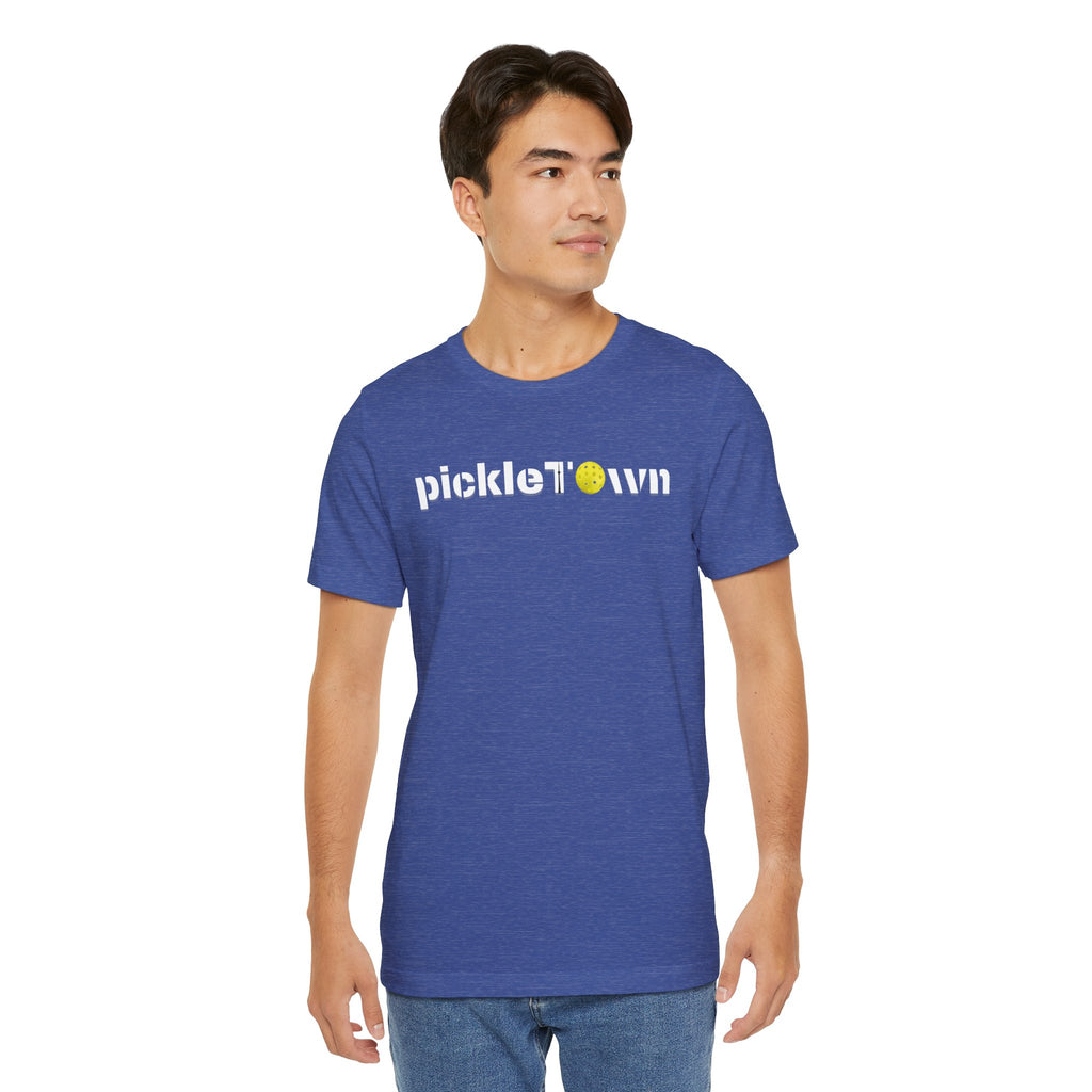 Toronto PickleTOwn T-Shirt featuring the CN Tower and Pickleball ‘O’ logo, casual shirt with city and sport-themed design.