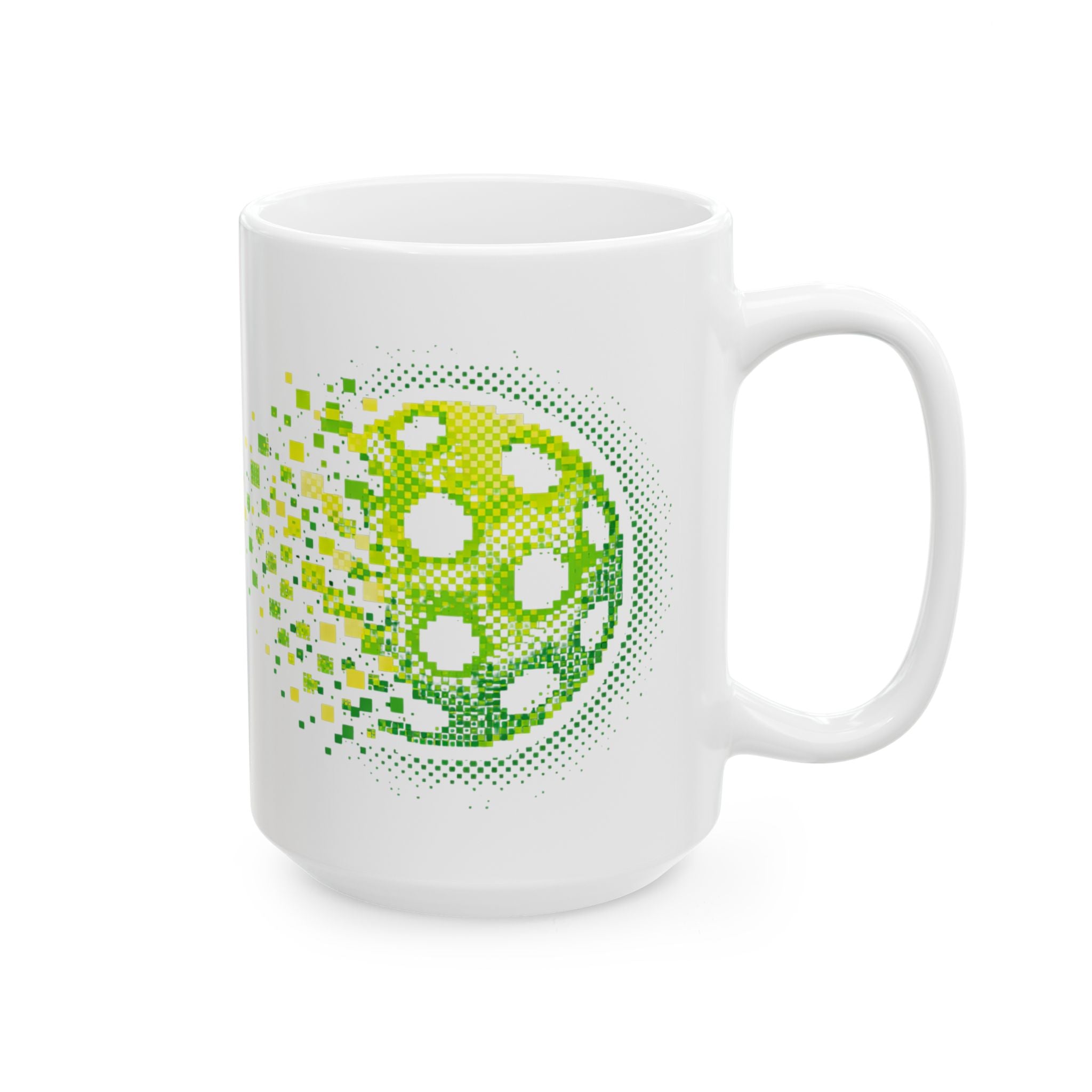 Green ceramic mug with a retro pixelated pickleball explosion design, available in 11oz and 15oz sizes.
