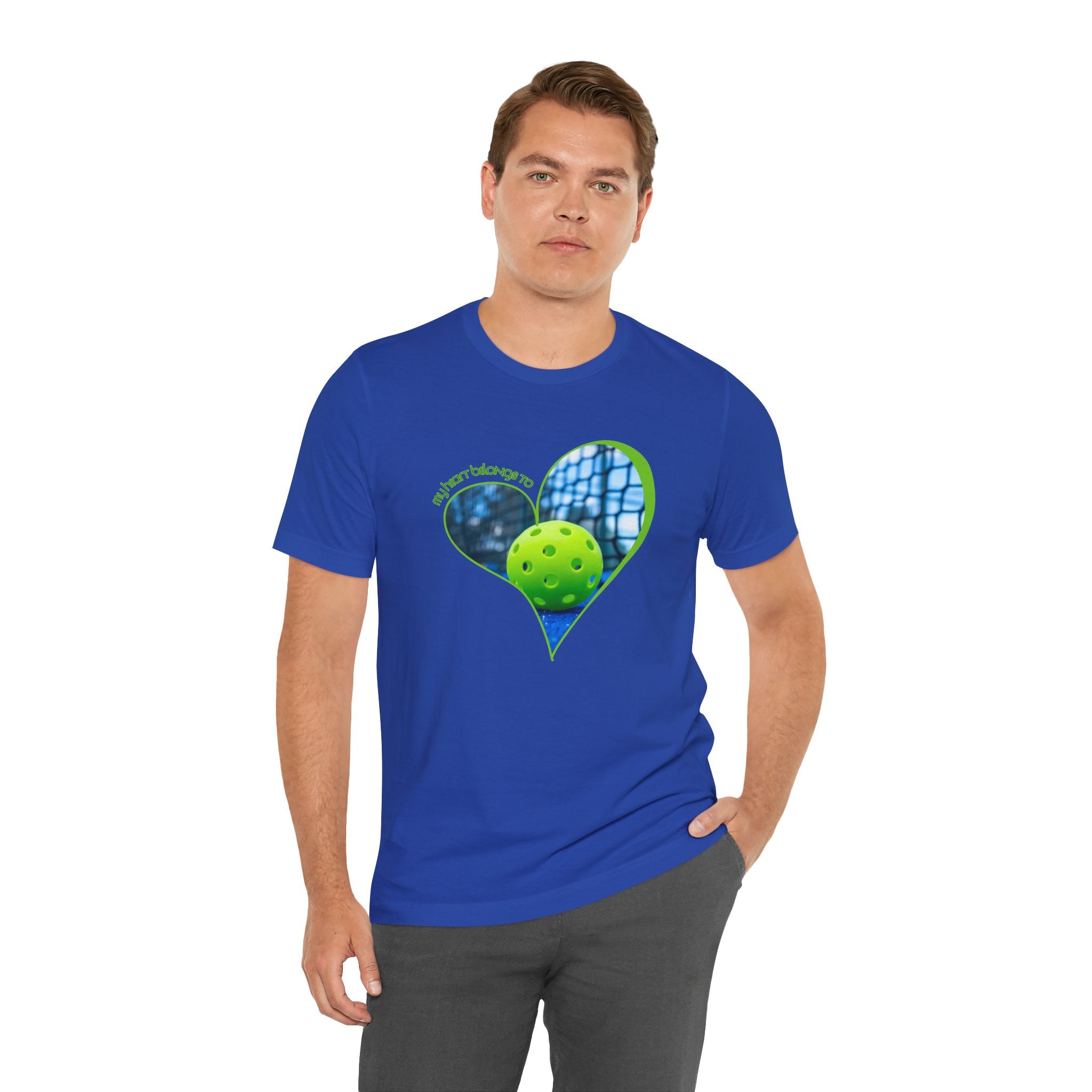 White pickleball T-shirt with "My Heart Belongs to Pickleball" slogan, designed for players and fans, by Printify.