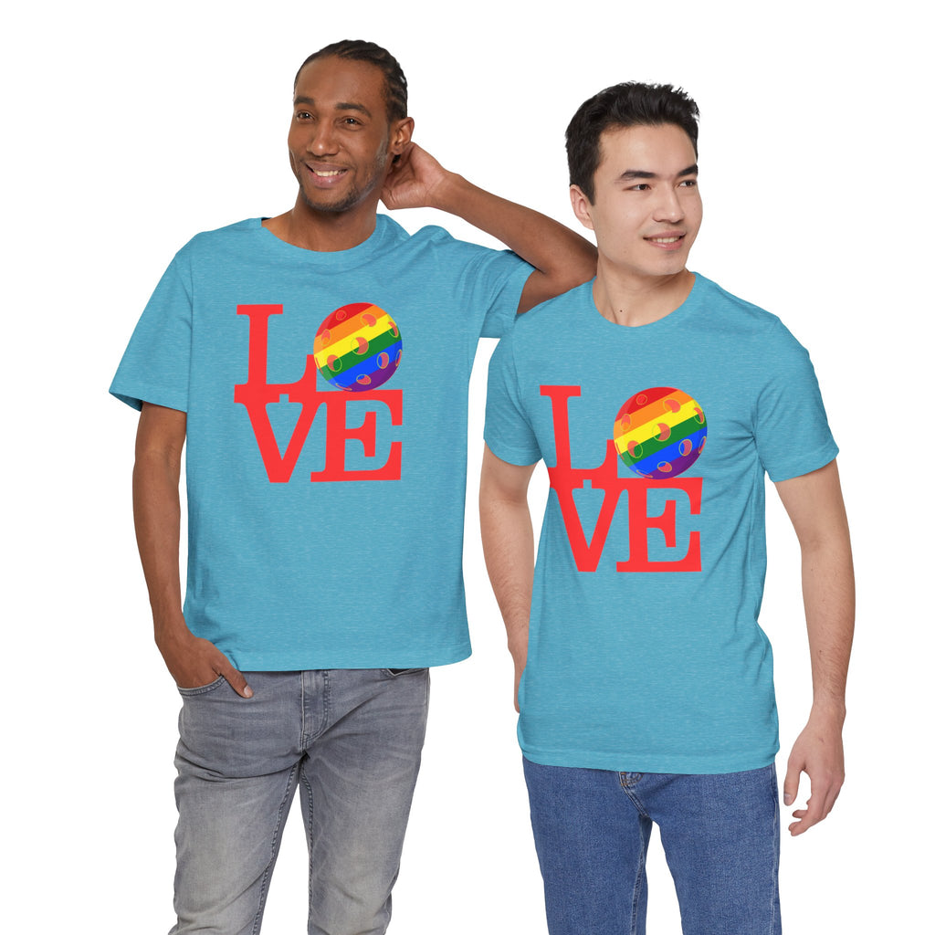 Rainbow LGBTQ2 Pride T-Shirt by Printify featuring the LOVE Pickleball logo on a colorful tee.