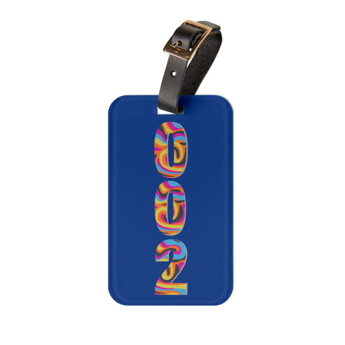 002 Pickleball Luggage Tag | Dark Blue with Retro Psychedelic Numbers | Leather Strap with Buckle | 4 X 2.4 inches