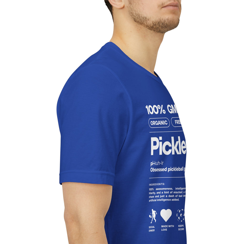 Men's white Pickler Funny Definitions T-shirt with pickleball-themed print, lightweight activewear by Printify.