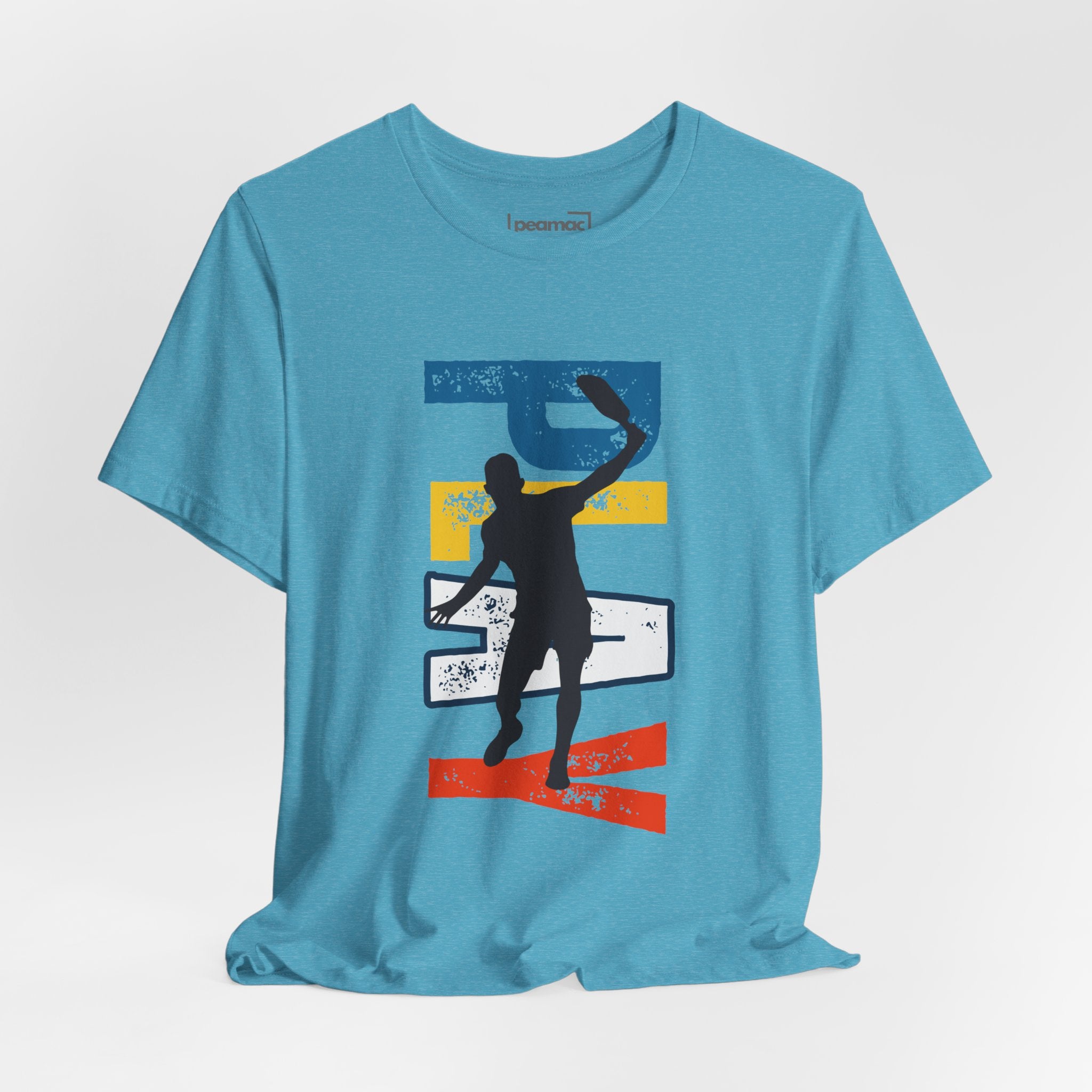 Men's Retro Pickleball Action T-Shirt with front silhouette and vertical 'PICKLEBALL' text on the back, by Printify.