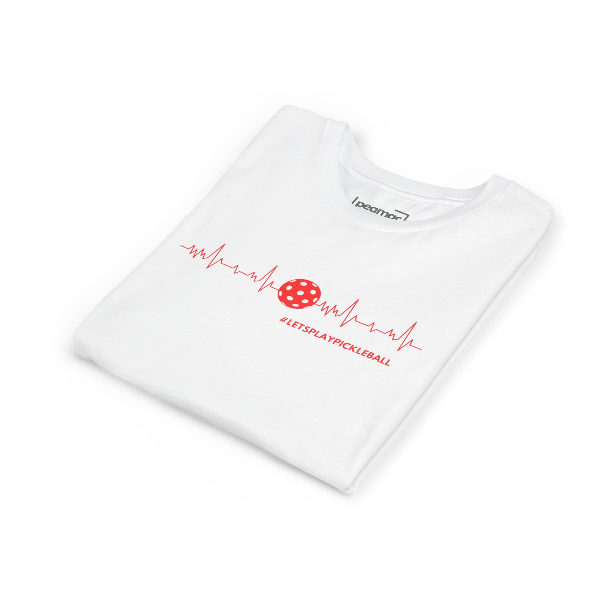 Kids' Pickleball T-shirt with heartbeat and LET'S PLAY PICKLEBALL print, featuring a colorful design on a youth-friendly tee.