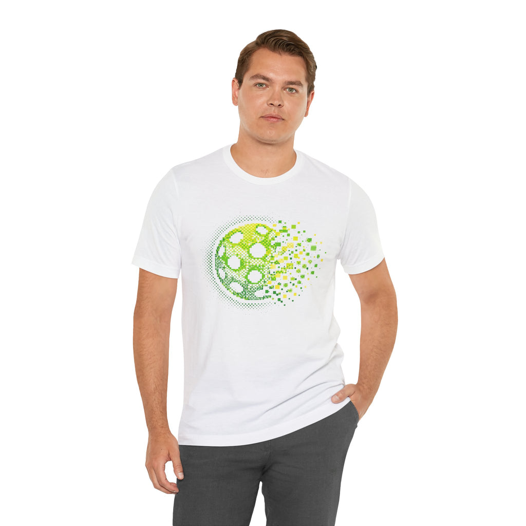 Green Pixelated Pickleball Tee with retro court graphic, casual t-shirt from Printify featuring vibrant pickleball design.