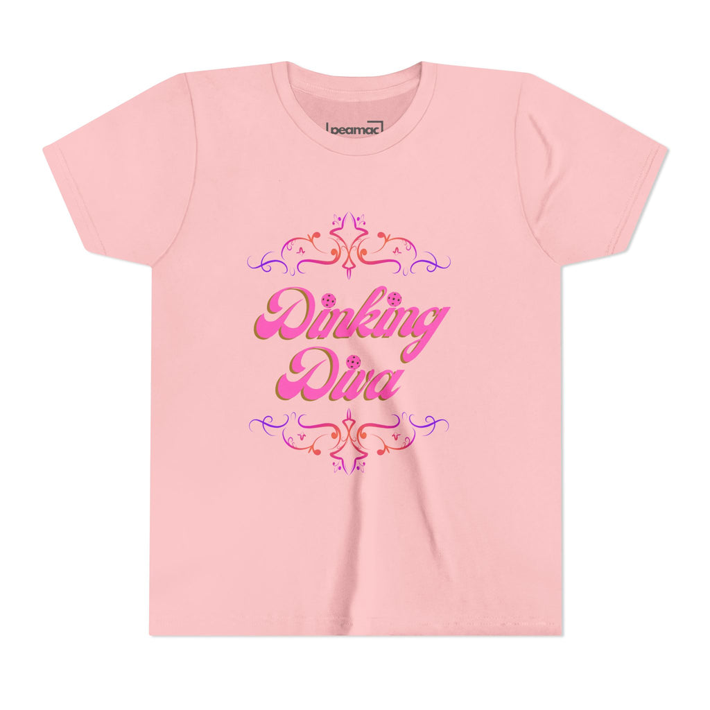 Pink Dinking Diva Youth Tee with filigree pickleball design, kids' pink pickleball shirt by Printify, casual kids' clothing.