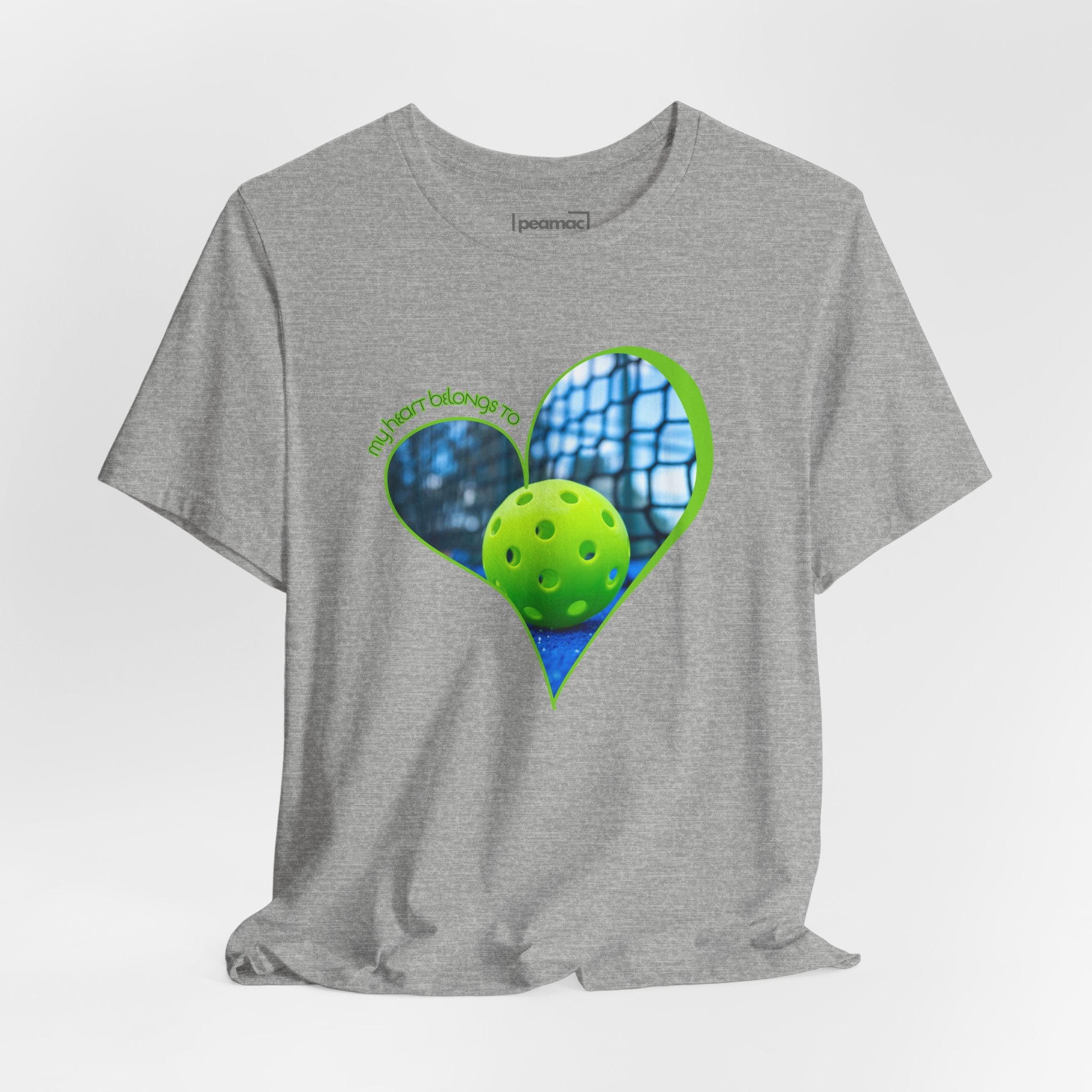 White pickleball t-shirt for players and fans with "My Heart Belongs to Pickleball" print, by Printify, casual and comfortable fit.