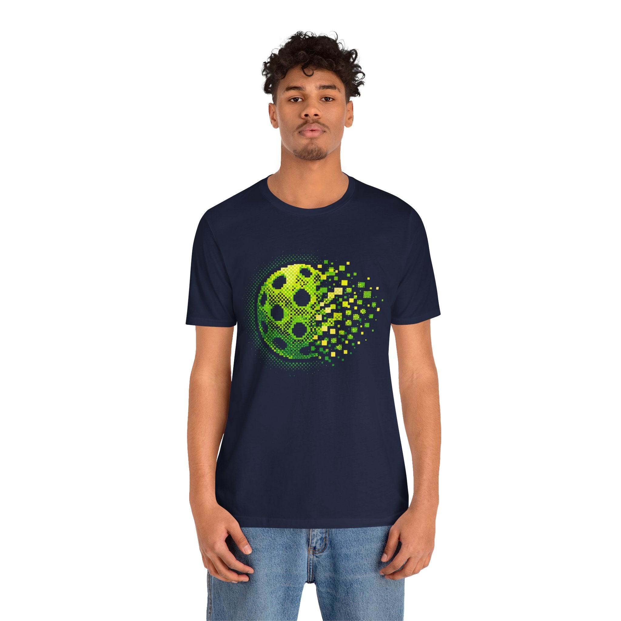 Green Pixelated Pickleball Tee with retro court graphic, casual T-shirt by Printify featuring vibrant pickleball design.
