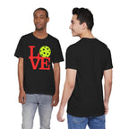 Neon pop art LOVE pickleball T-shirt by Printify featuring vibrant colors and bold design on a premium cotton tee.