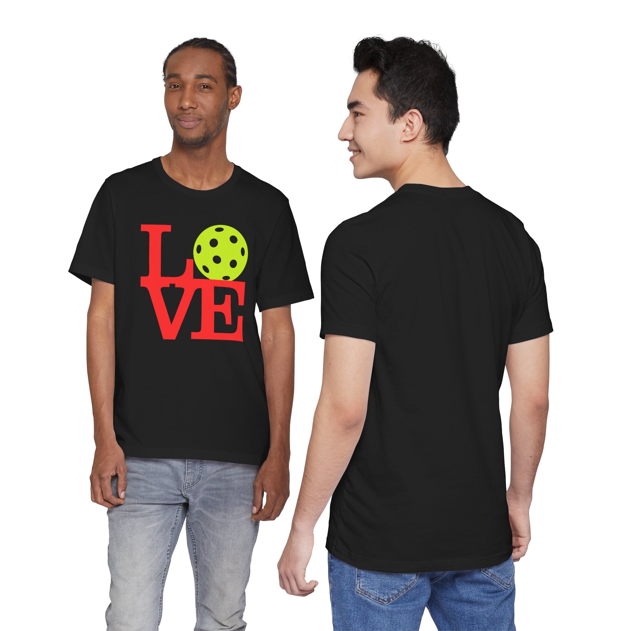 Neon pop art LOVE pickleball T-shirt by Printify featuring vibrant colors and bold design on a premium cotton tee.