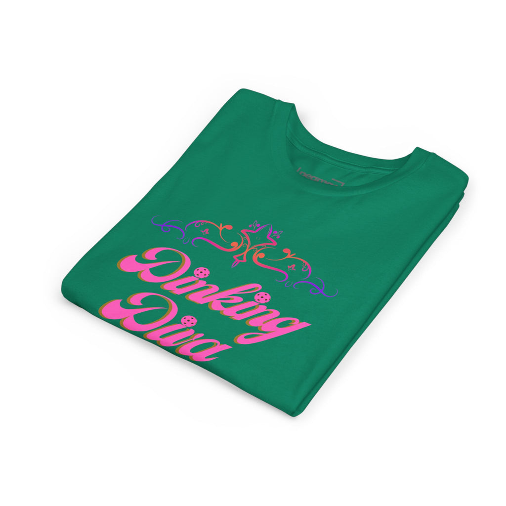 Kids pink filigree pickleball shirt from Dinking Diva Youth Tee collection, featuring vibrant print and comfortable fit.