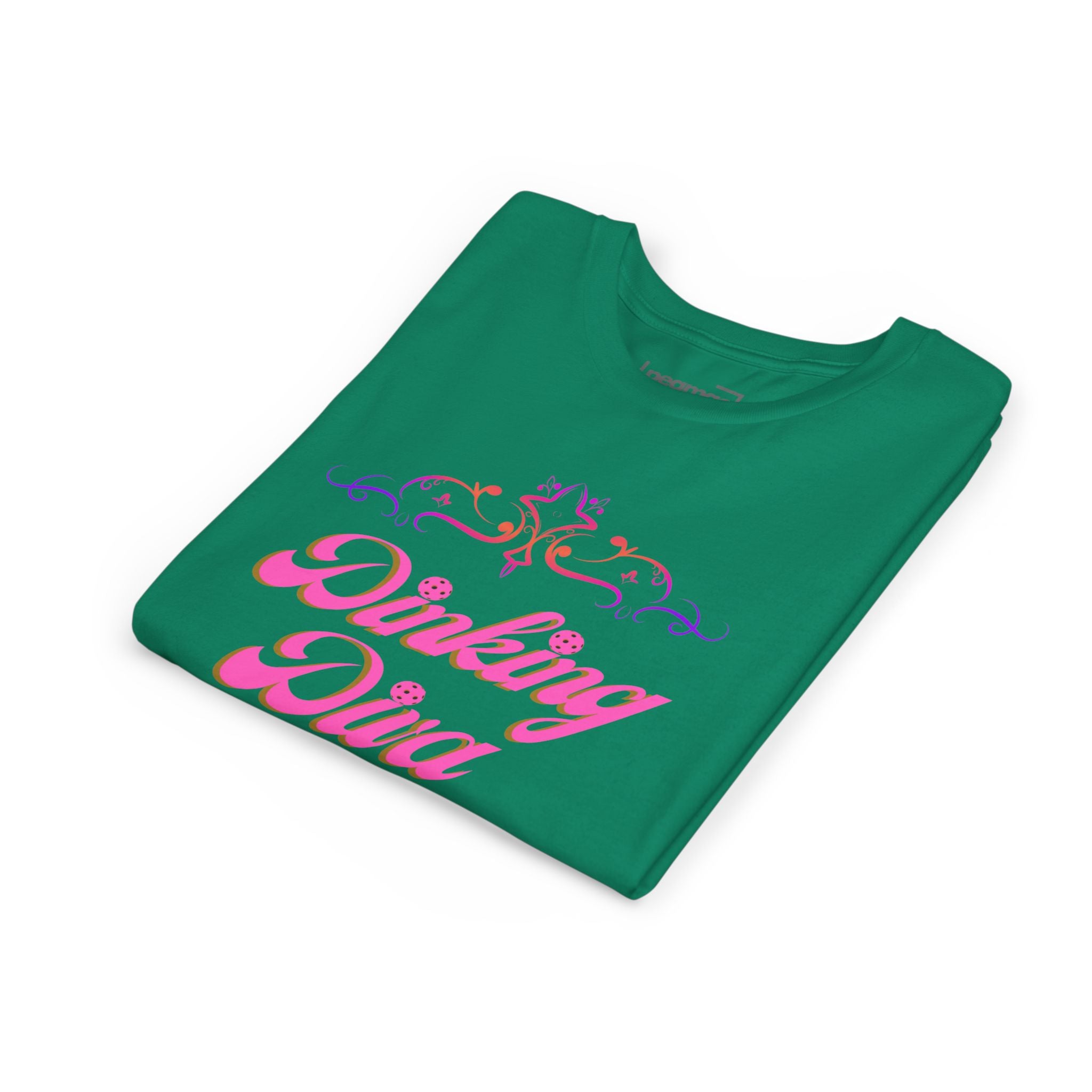 Kids pink filigree pickleball shirt from Dinking Diva Youth Tee collection, featuring vibrant print and comfortable fit.