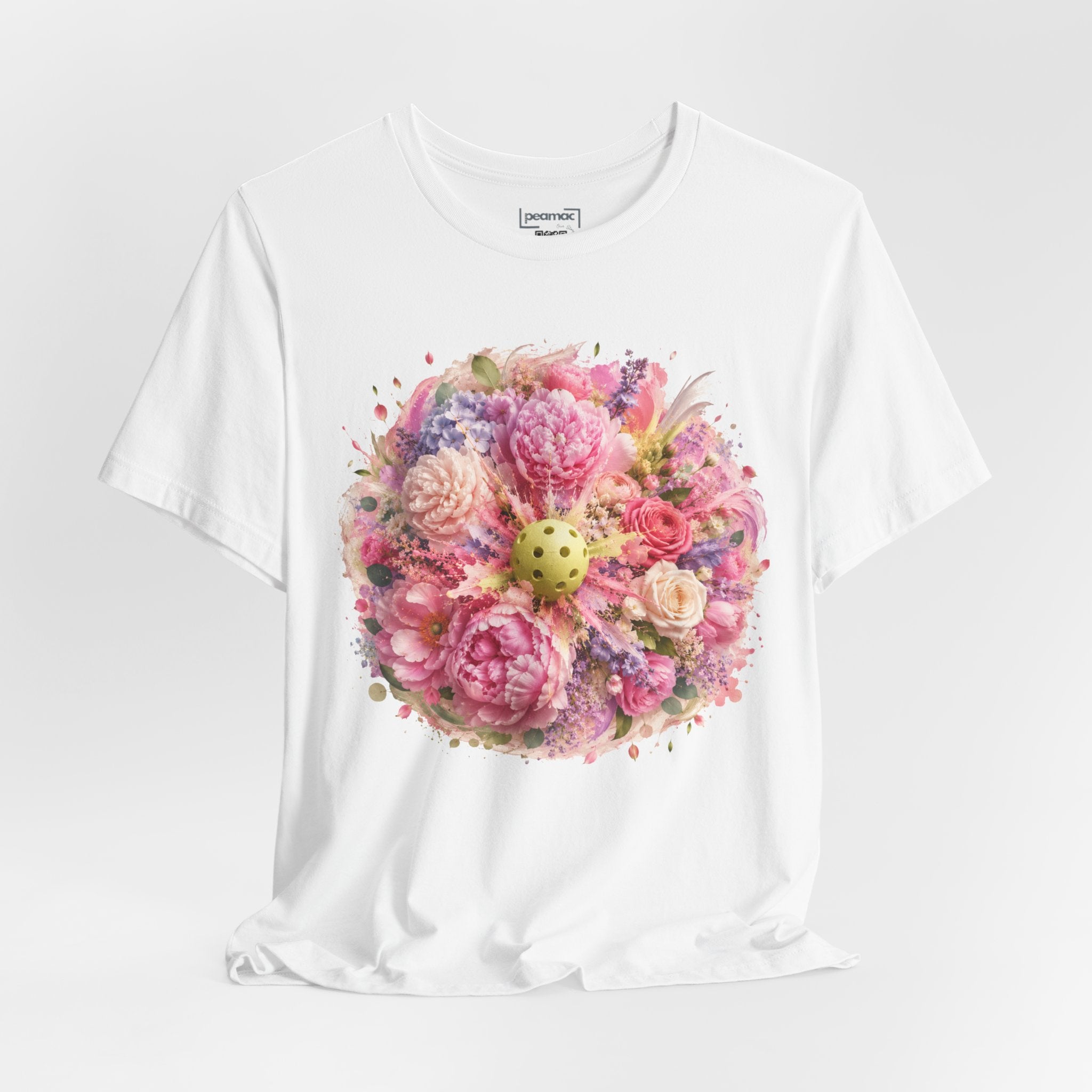 Peony Pickleball Tee by Printify, a premium cotton unisex T-shirt featuring a vibrant peony design on the front.