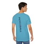 Custom personalized pickleball T-shirt with name sleeve and club logo on the back, featuring a pickleball graphic in the center.