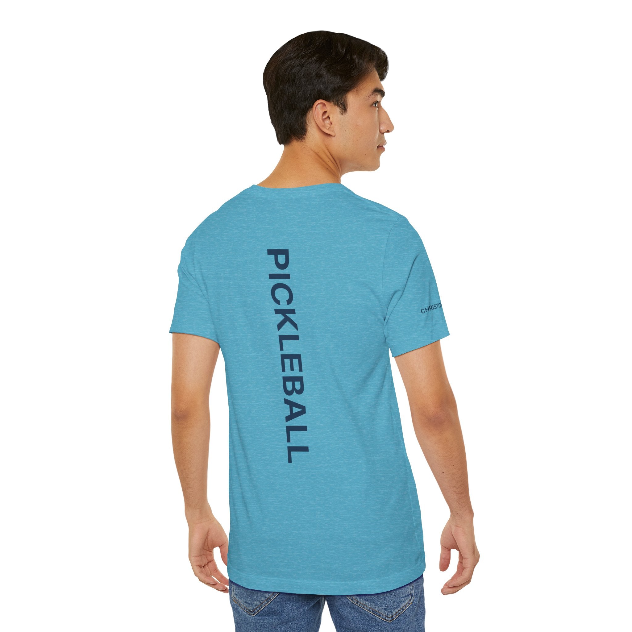 Custom personalized pickleball T-shirt with name sleeve and club logo on the back, featuring a pickleball graphic in the center.