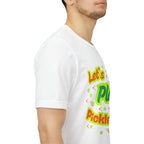 Neon orange and electric green pickleball rally T-shirt with court graphic by Printify, casual athletic wear for sports enthusiasts.