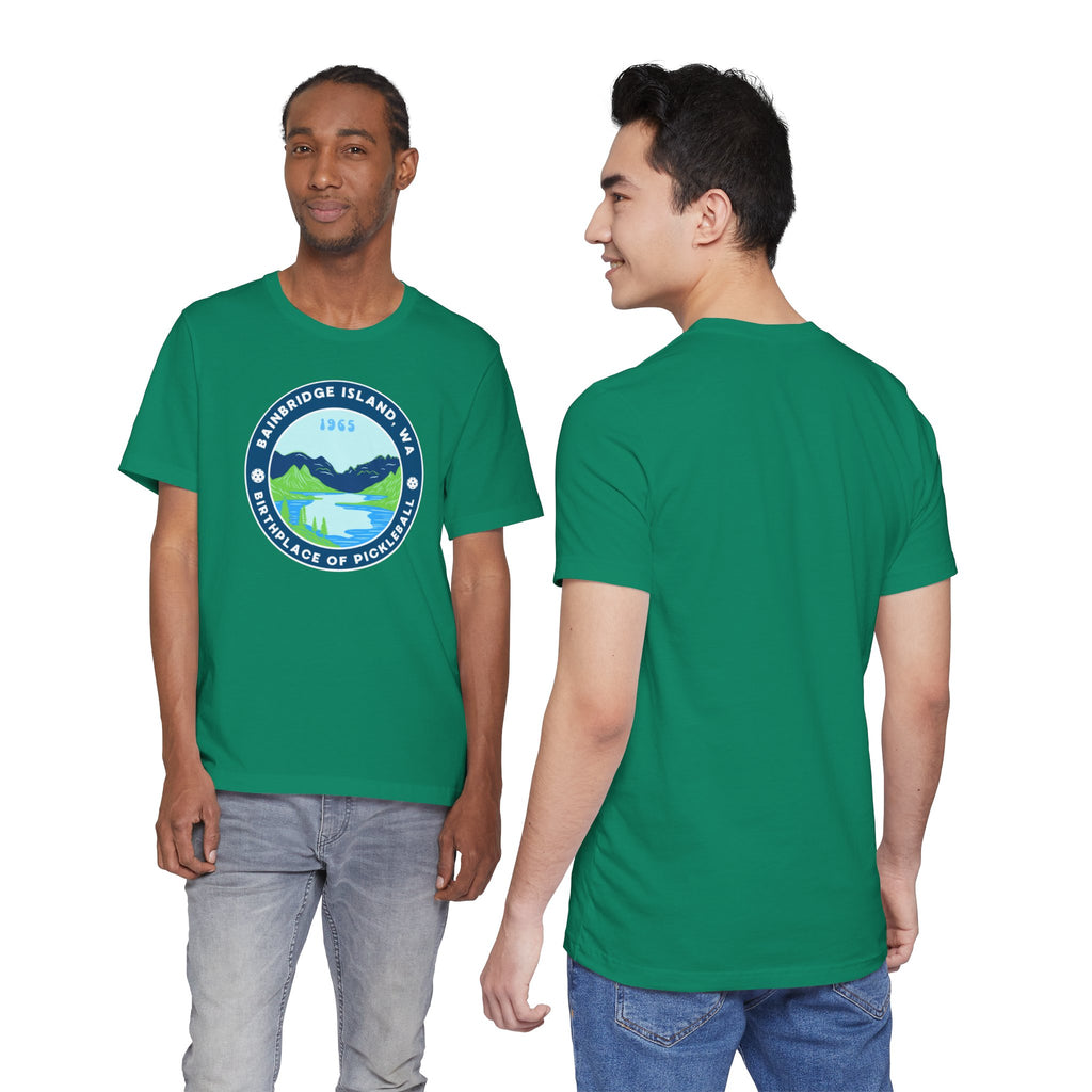 Unisex Bainbridge Island Pickleball T-Shirt featuring the "Birthplace of Pickleball 1965" graphic by Printify.