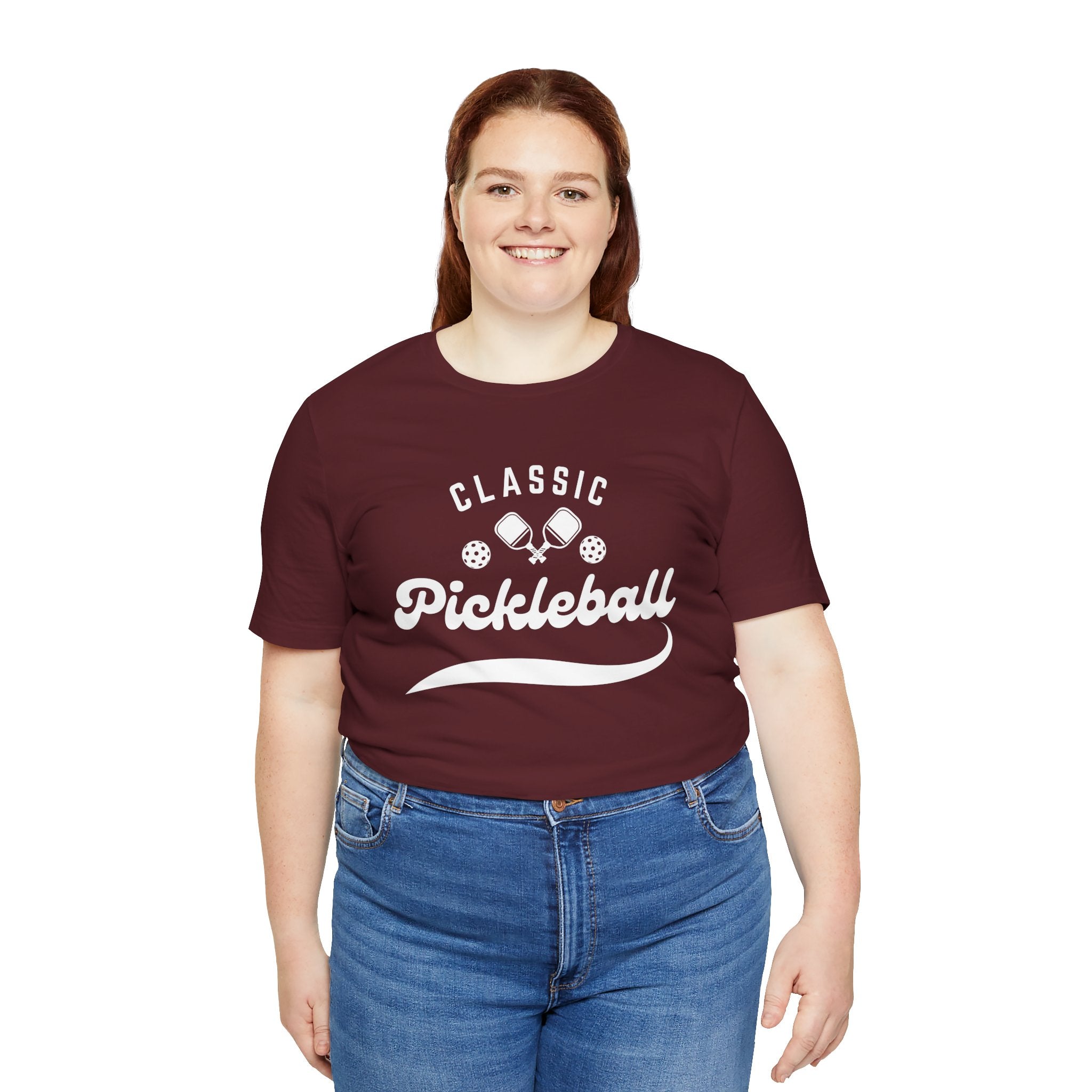 Classic pickleball T-shirt with "Pickleball" script design, printed by Printify, featuring a comfortable and stylish fit.