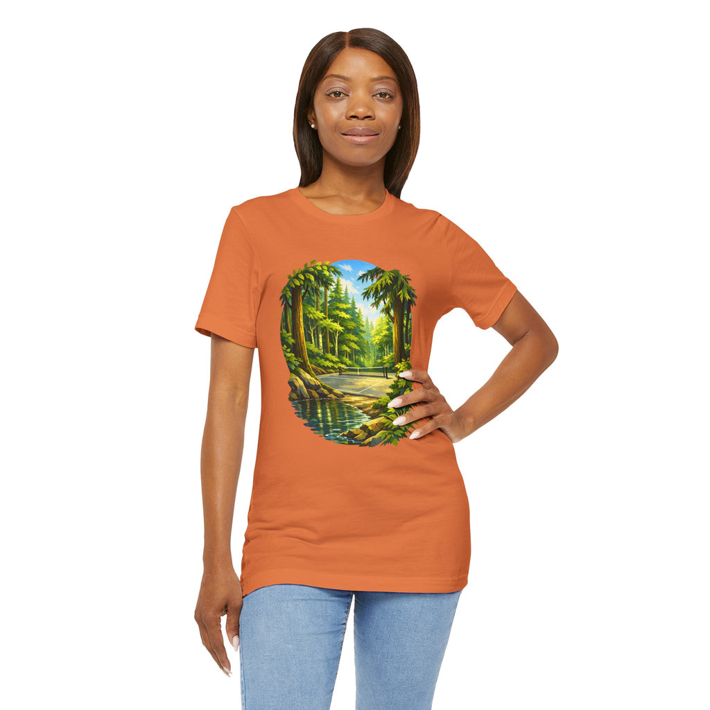Unisex Hidden Forest Pickleball T-Shirt with Bainbridge Island tribute design, printed by Printify, featuring forest imagery and casual style.