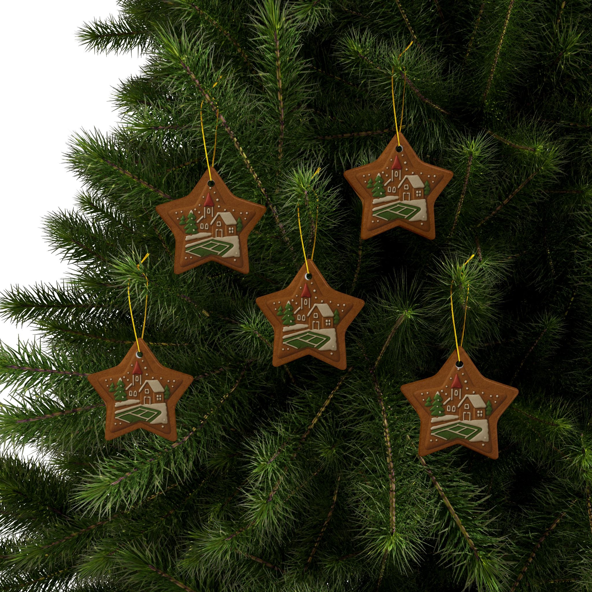 Printify pickleball Christmas ornaments in gingerbread style, featuring four festive holiday decor shapes for seasonal home decoration.