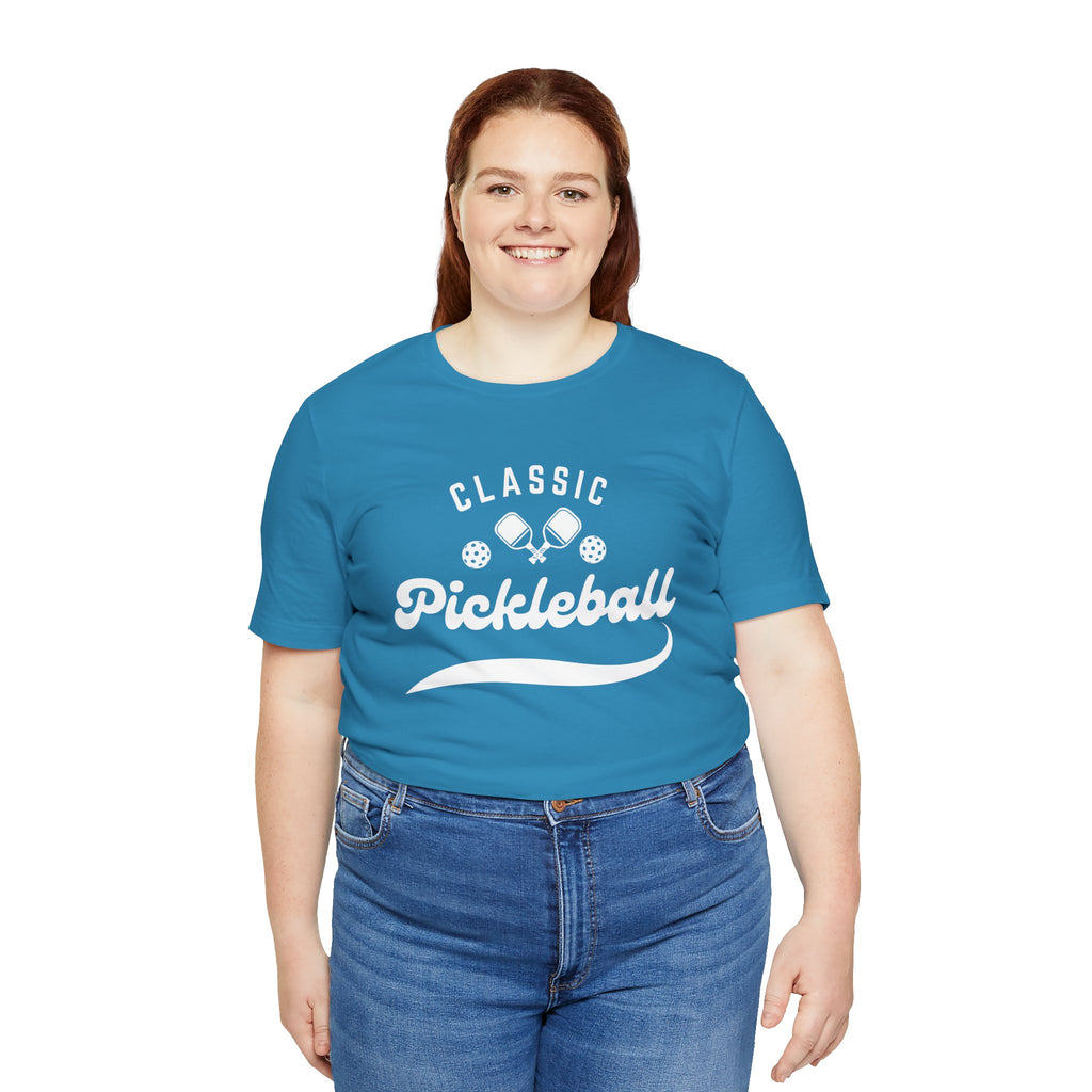 Classic pickleball T-shirt with "Pickleball" script design, comfortable cotton tee by Printify featuring bold lettering.
