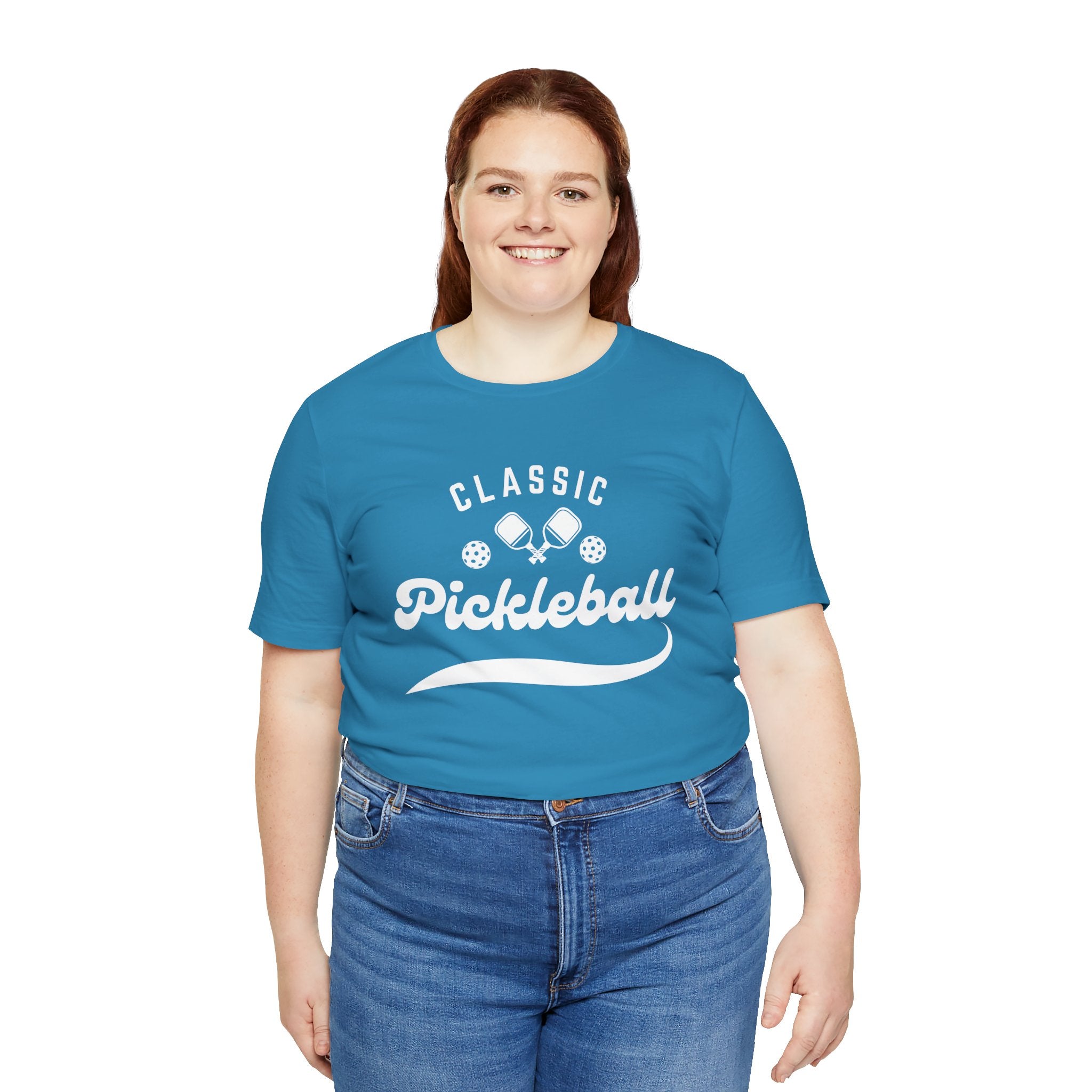 Classic pickleball T-shirt with "Pickleball" script design, comfortable cotton tee by Printify featuring bold lettering.