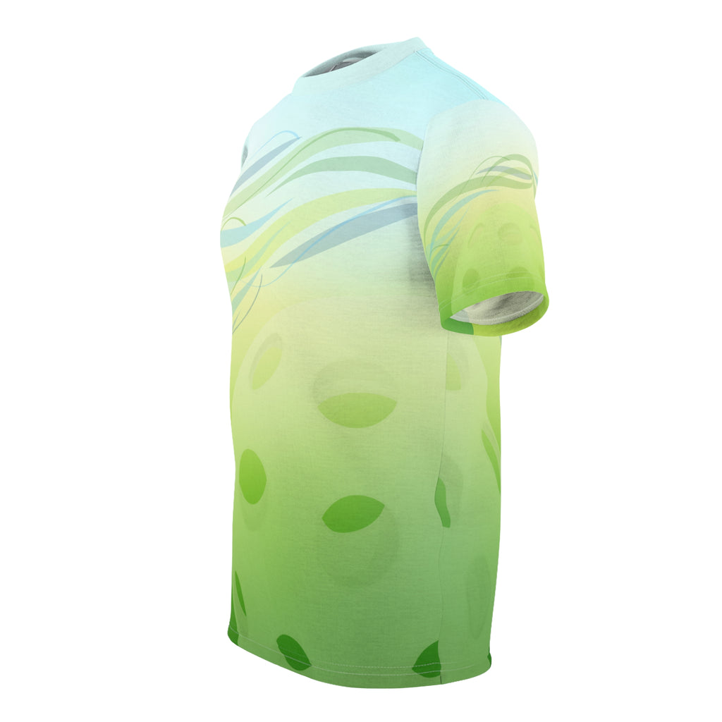 Green Leaf Wave Pickleball Summer Breeze Tee, moisture-wicking unisex all-over print t-shirt featuring vibrant leaf pattern.