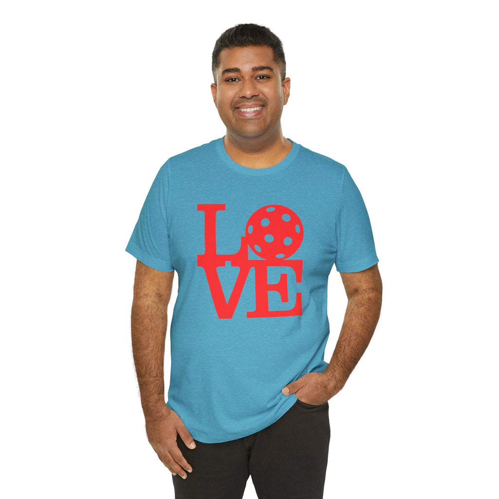 Red Love Pickleball graphic T-shirt by Printify featuring bold pop art design on a comfortable casual tee.