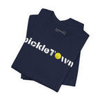 Toronto PickleTown T-Shirt featuring the CN Tower and Pickleball ‘O’ logo, casual graphic tee for pickleball and Toronto fans.
