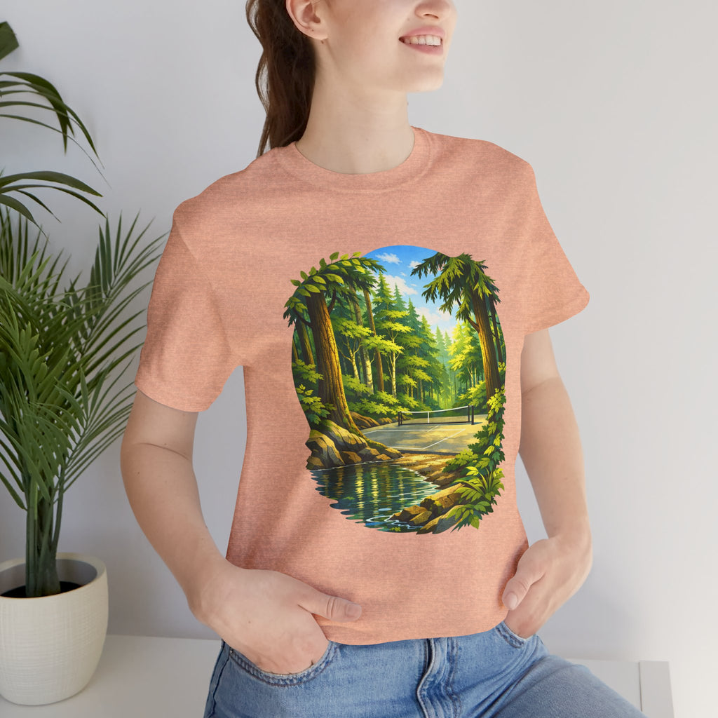 Unisex Hidden Forest Pickleball T-Shirt with Bainbridge Island tribute design, printed by Printify, featuring forest graphics.
