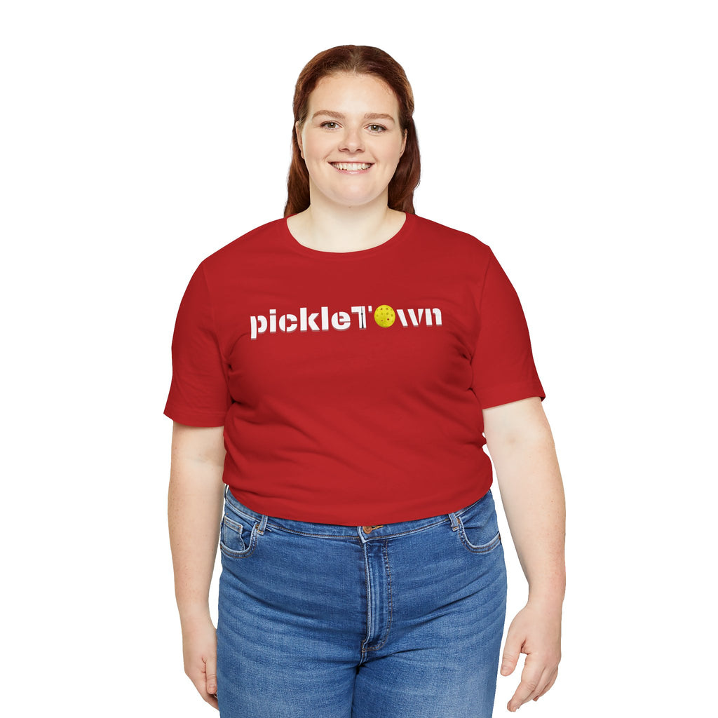 Toronto PickleTOwn T-Shirt featuring CN Tower and Pickleball 'O' logo, stylish casual tee from Printify.