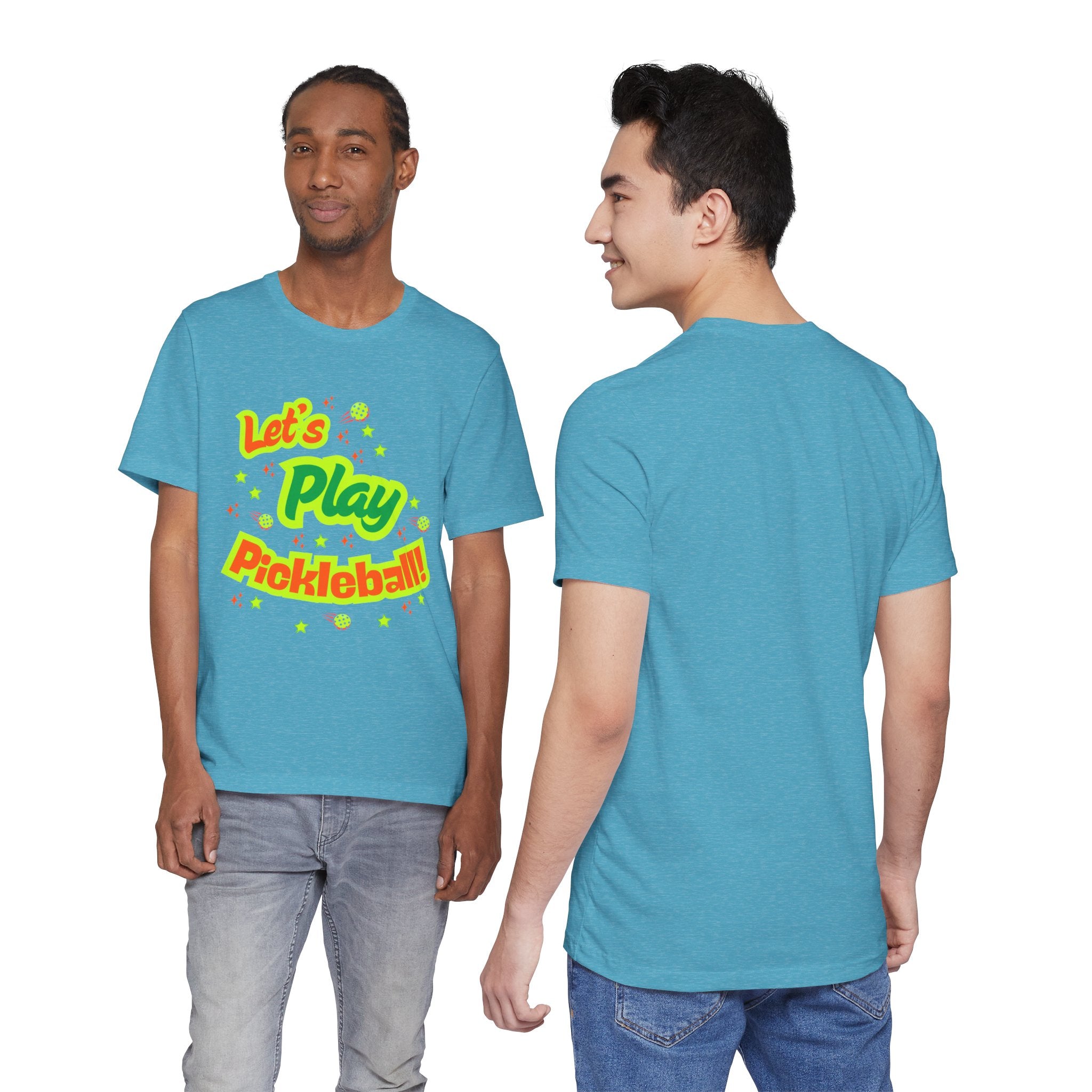 Neon orange and electric green pickleball rally T-shirt with court graphic by Printify, casual athletic wear for sports enthusiasts.