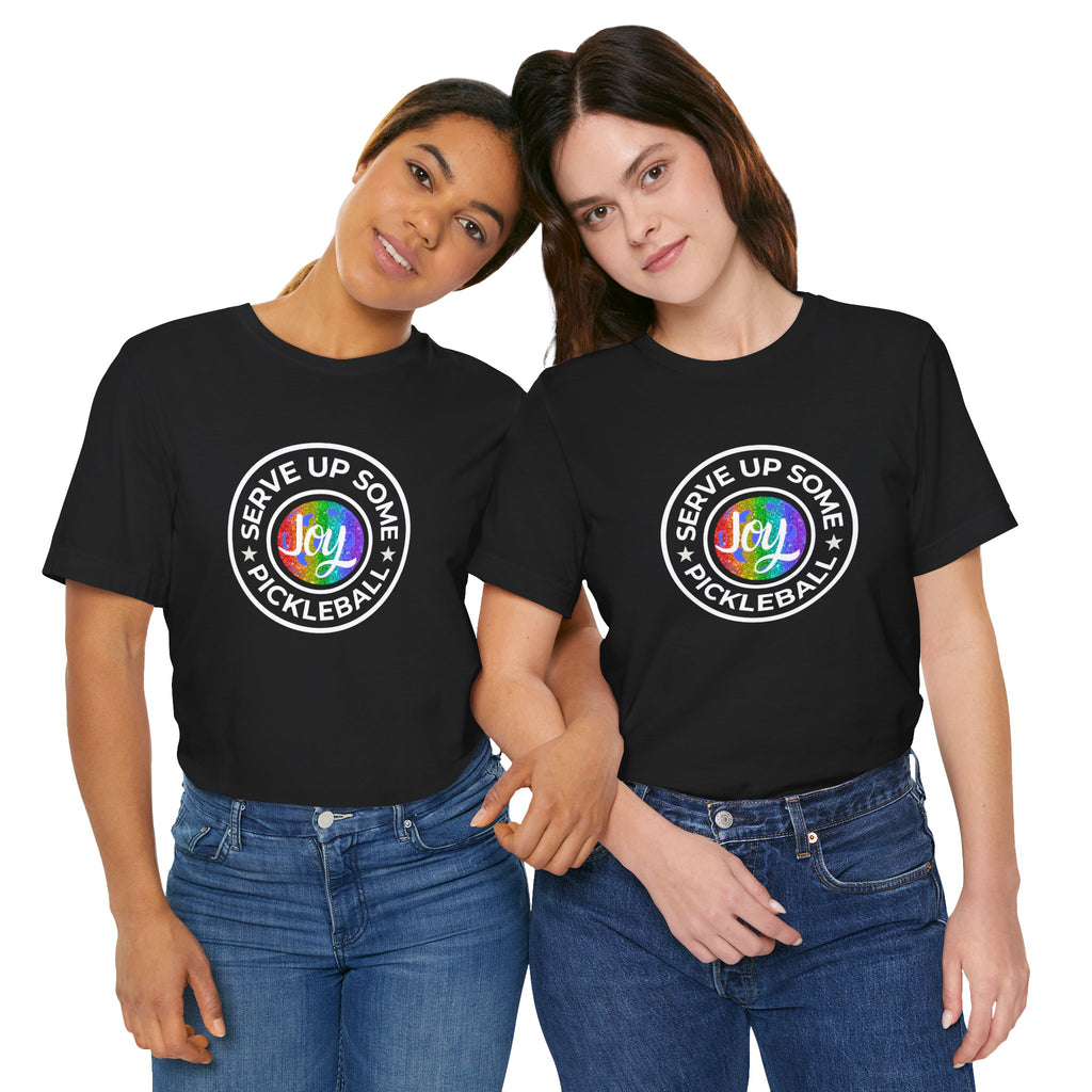 LGBTQ2 pride pickleball T-shirt by Printify featuring colorful rainbow design and joyful message on comfortable cotton fabric.
