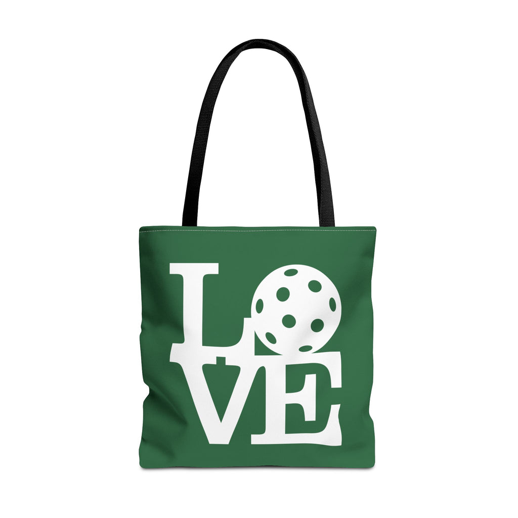Dark green Pickleball LOVE tote bag, 18x18 inches, sporty carryall with bold print, perfect for sports and everyday use.