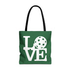 Dark green Pickleball LOVE tote bag, 18x18 inches, sporty carryall with bold print, perfect for sports and everyday use.