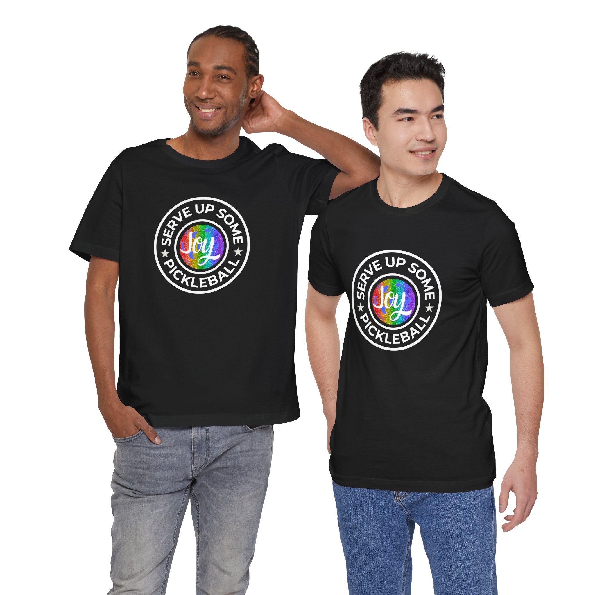 LGBTQ2 pride pickleball T-shirt from Printify featuring colorful pride flag design and pickleball graphics.