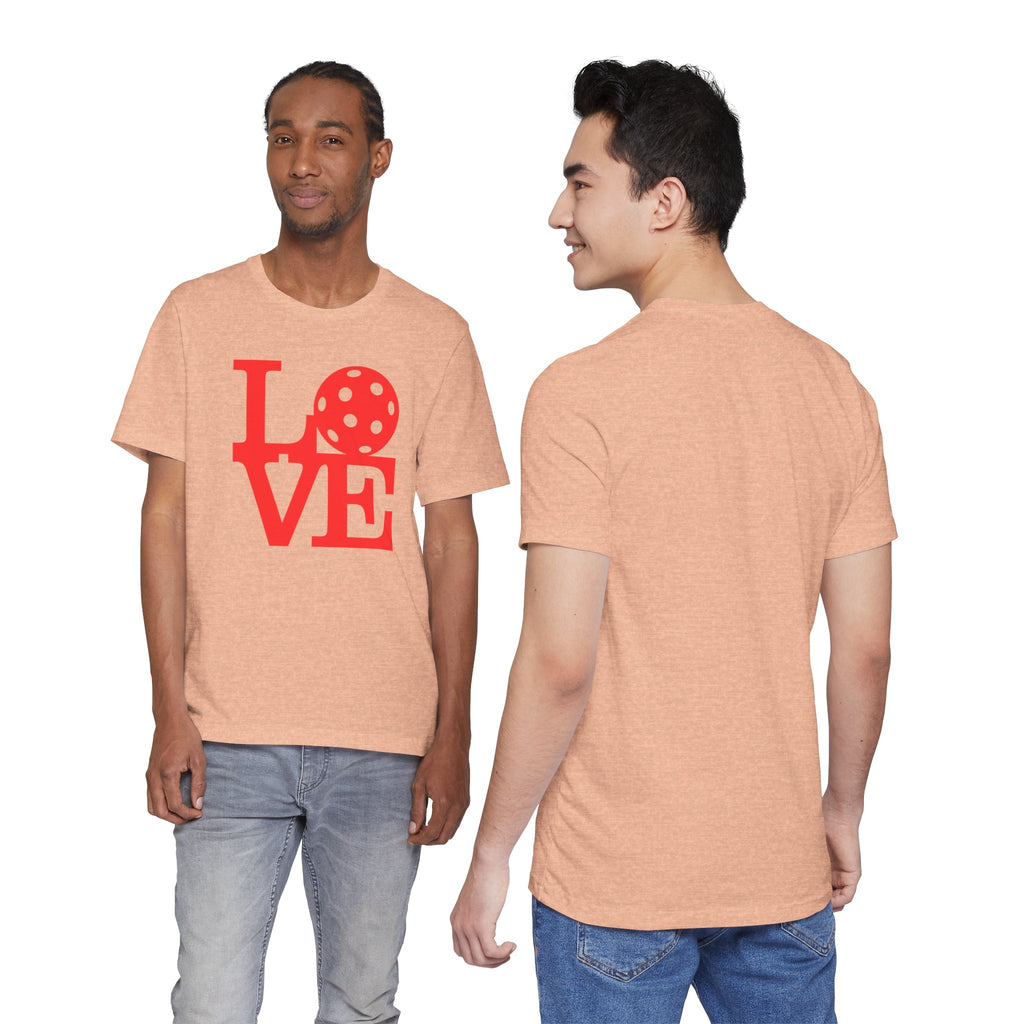 Red LOVE Pickleball graphic T-shirt featuring bold pop art design, casual short-sleeve tee for pickleball enthusiasts.