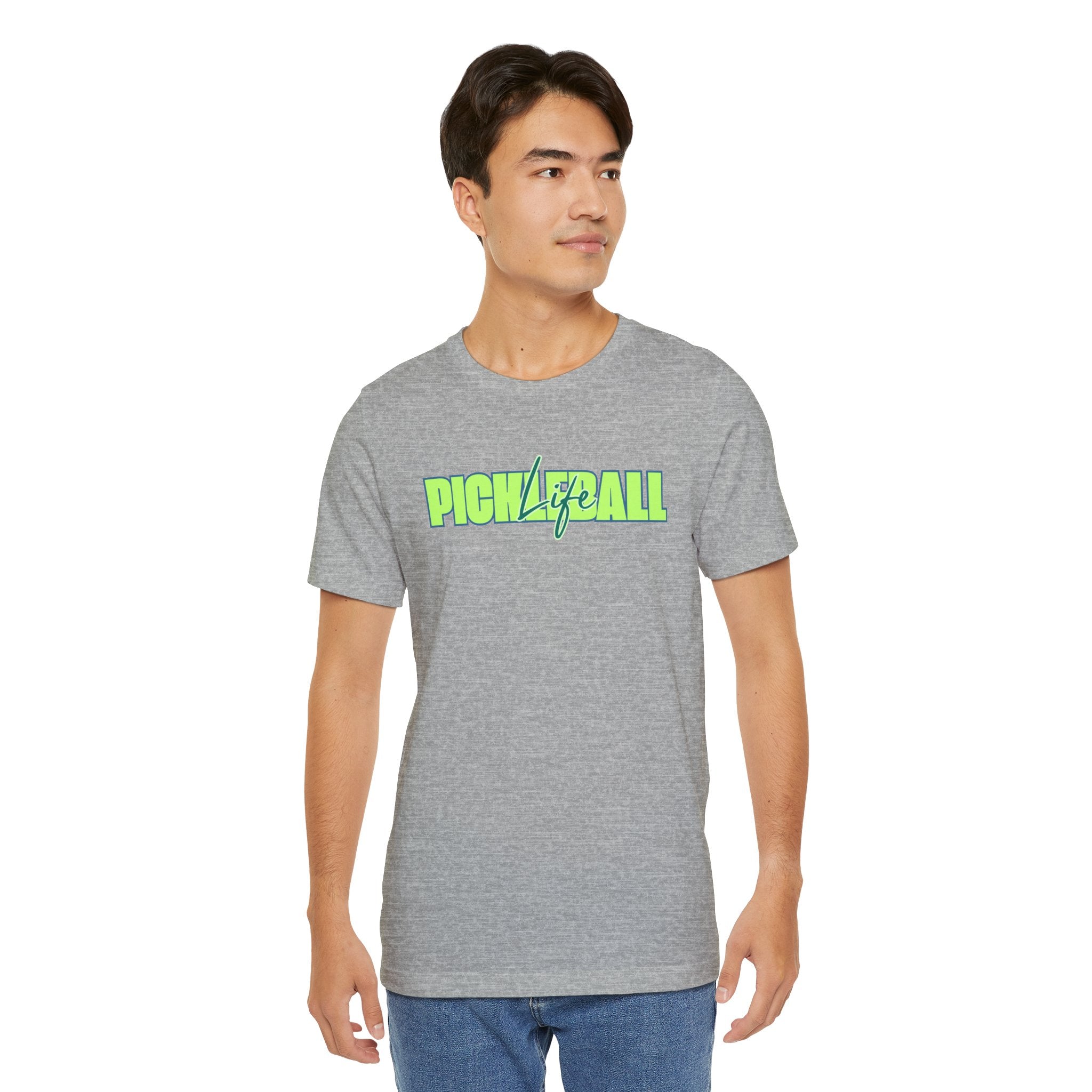 Unisex Pickleball Life T-shirt with bold green and blue graphic design, made by Printify, featuring a casual and vibrant style.