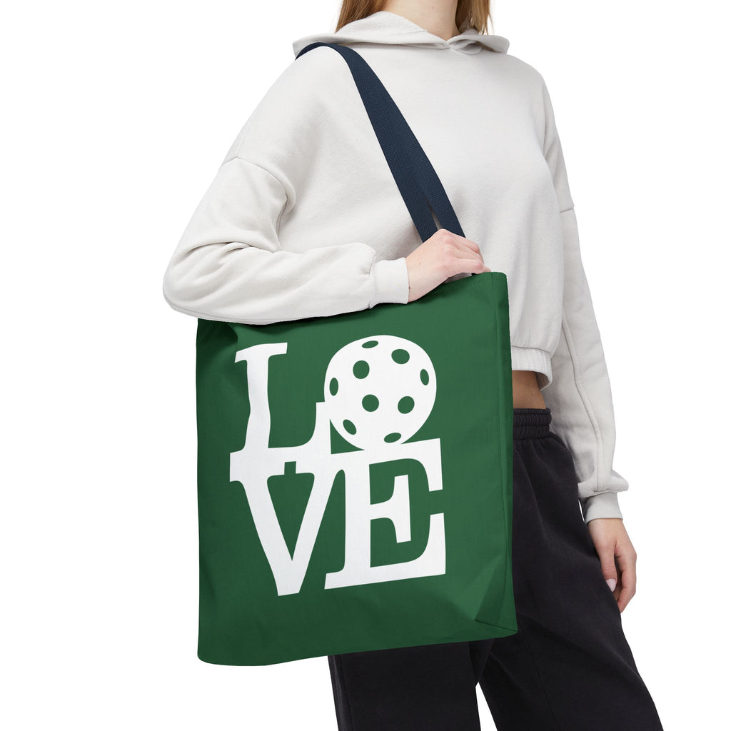 Dark green Pickleball LOVE tote bag, large 18x18-inch carryall with sporty design from Printify, perfect for sports gear.