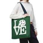 Dark green Pickleball LOVE tote bag, large 18x18-inch carryall with sporty design from Printify, perfect for sports gear.