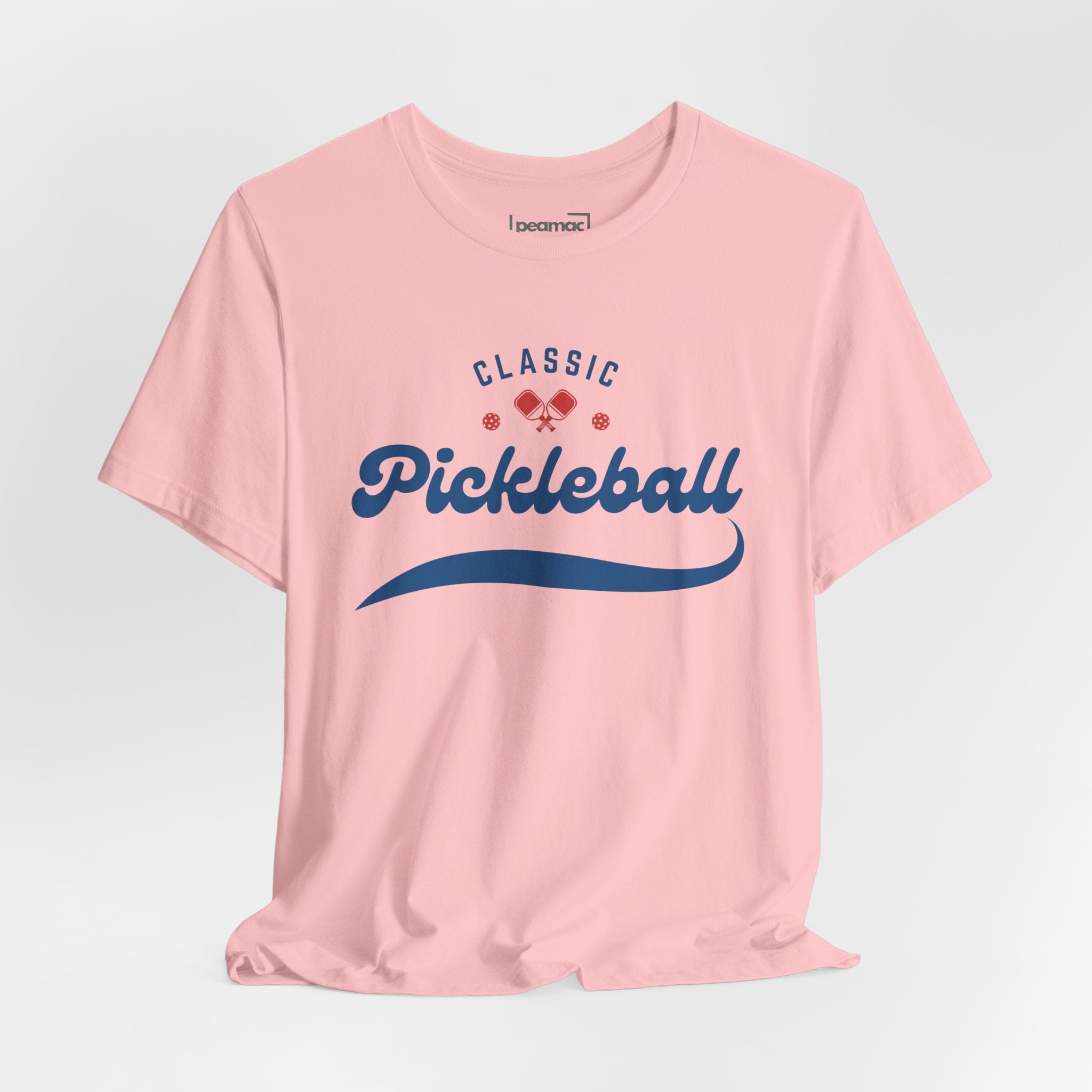 Red and blue pickleball T-shirt featuring a paddle and ball design, showcasing the Classic Pickleball Script Tee by Printify.