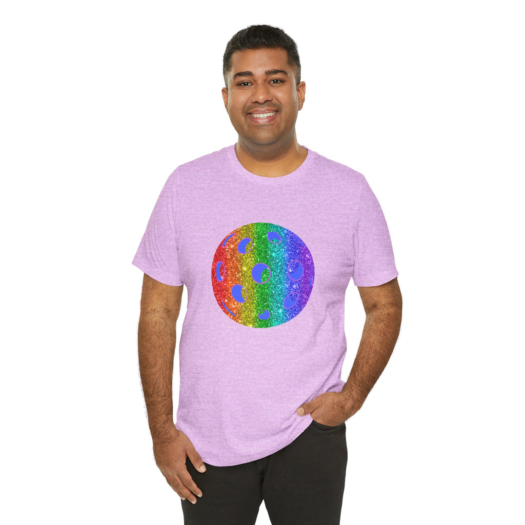 Rainbow glitter pickleball T-shirt featuring the Sparkle Loud and Proud Pickleball Pride Tee design by Printify.