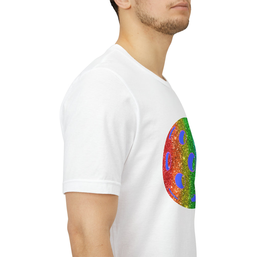 Rainbow glitter pickleball T-shirt with “Sparkle Loud and Proud” slogan, celebrating pride and inclusivity in vibrant colors.