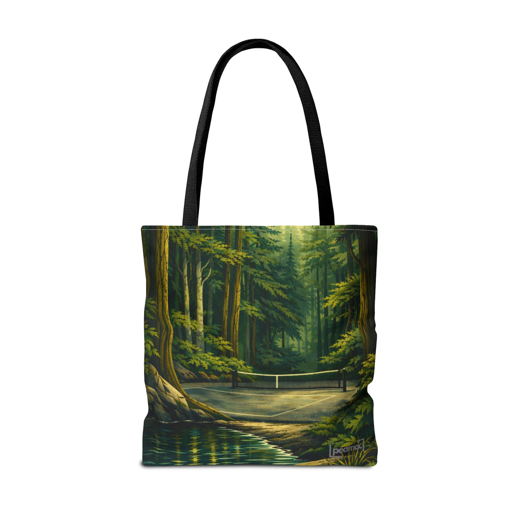 Hidden Pickleball Court on a Forest Path Large Tote Bag — Scenic Woodland Landscape All-Over Print