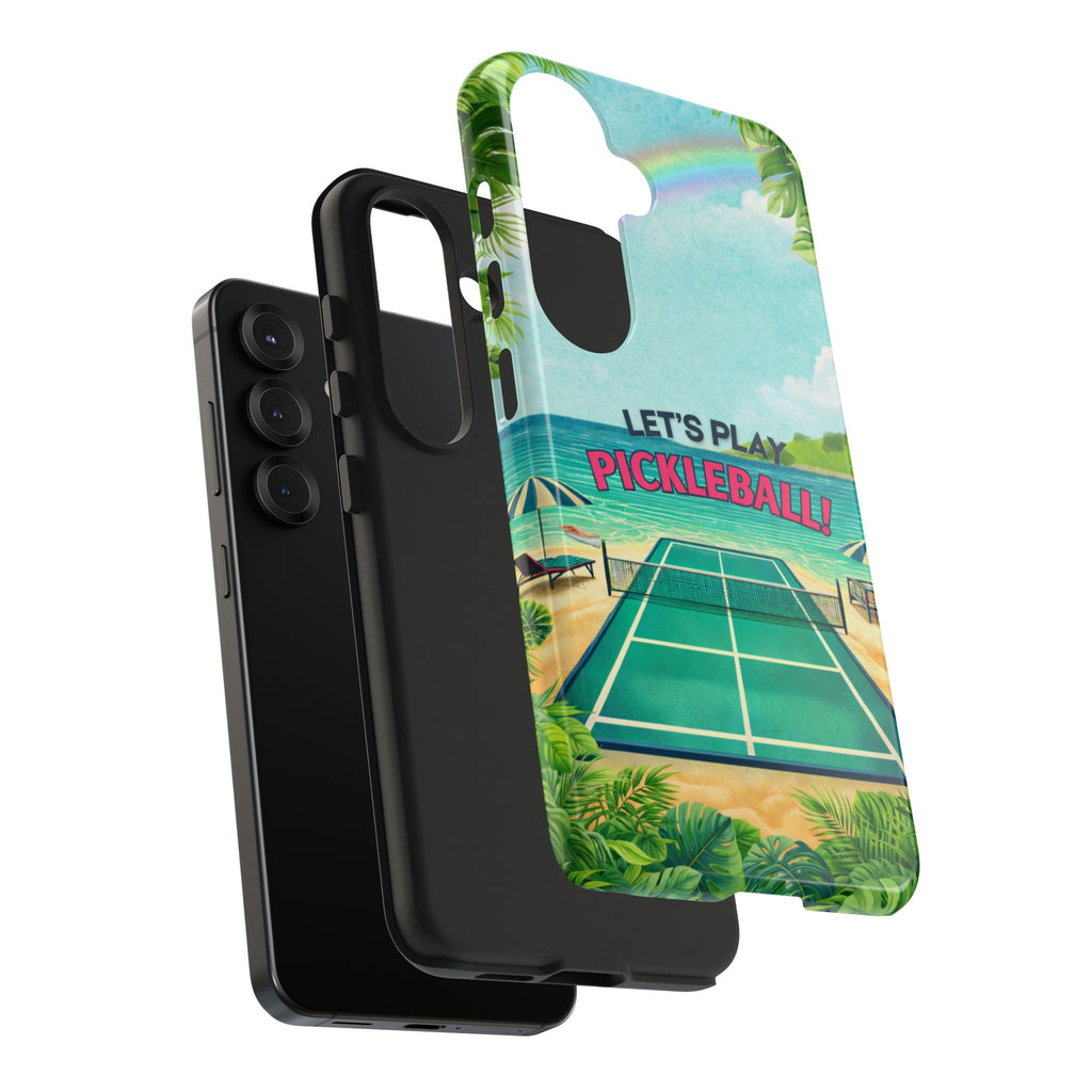 Let's Play Pickleball Tropical Tough Phone Case from Printify, featuring beach court design, durable protective cover for smartphones